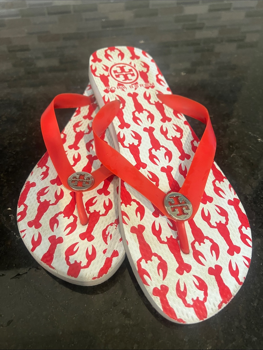 Tory Burch Red and White & Red  Lobster Flip Flops.  Size 7
